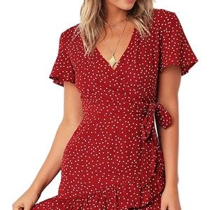 Short Sleeve Wrap Dress - Red Polka Dots